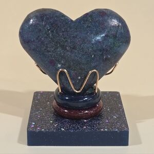 Natural Ruby Epidote Handcarved Heart On Handmade Resin/ Solid Bronze Display